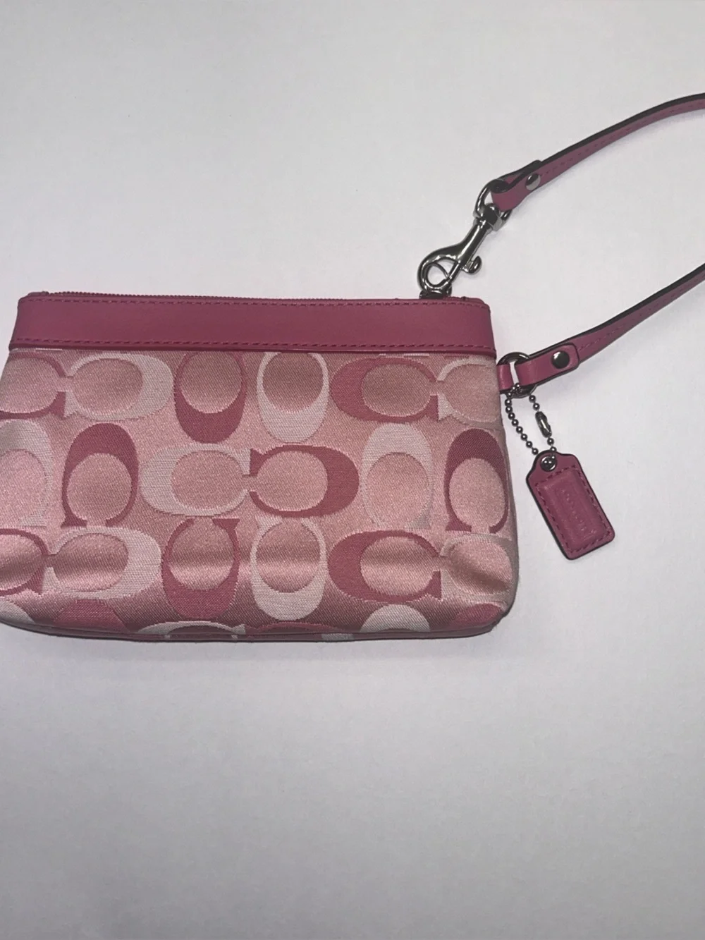Coach Pink Signature Canvas Wristlet with Leather Trim
